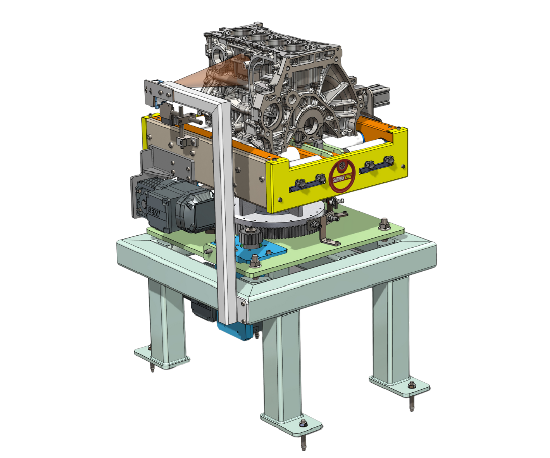 Mesa de rotação e orientação de produtos pesados, com sistema de transportador de rolos integrado