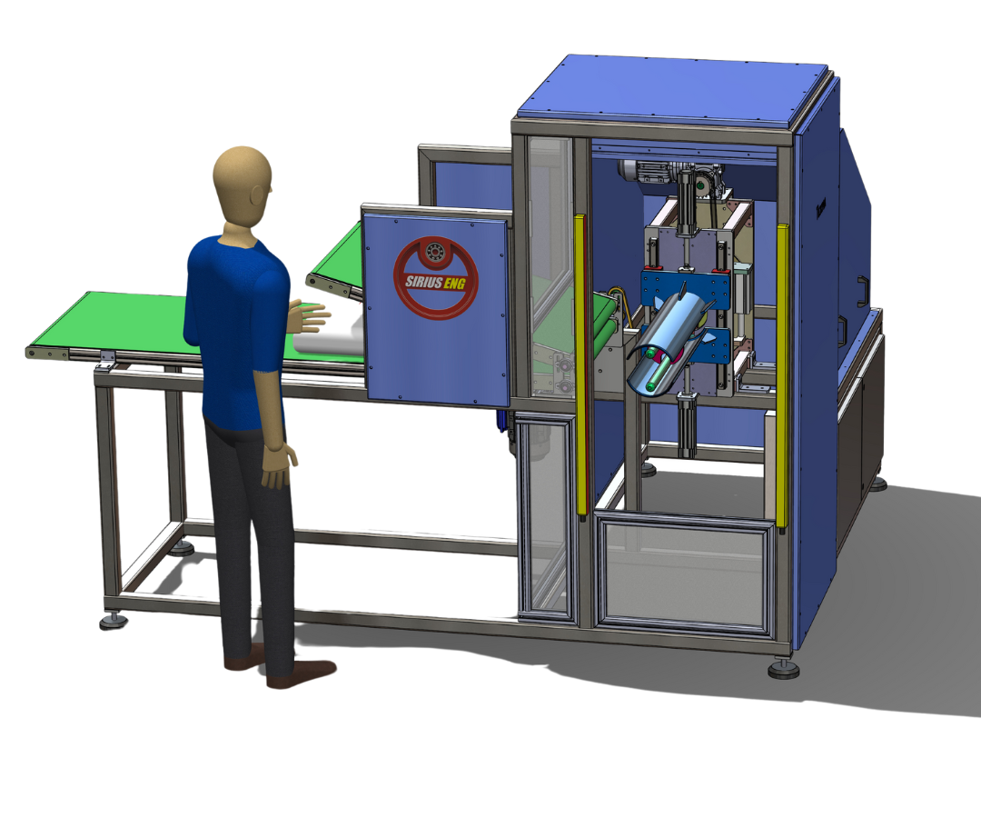 Máquina para embalar travesseiros, com transportador de esteira e sistema de segurança.