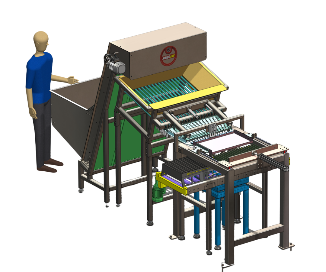 Posicionador e alimentador de tubos automático, com cuba elevadora e sistema de abastecimento monitorado.