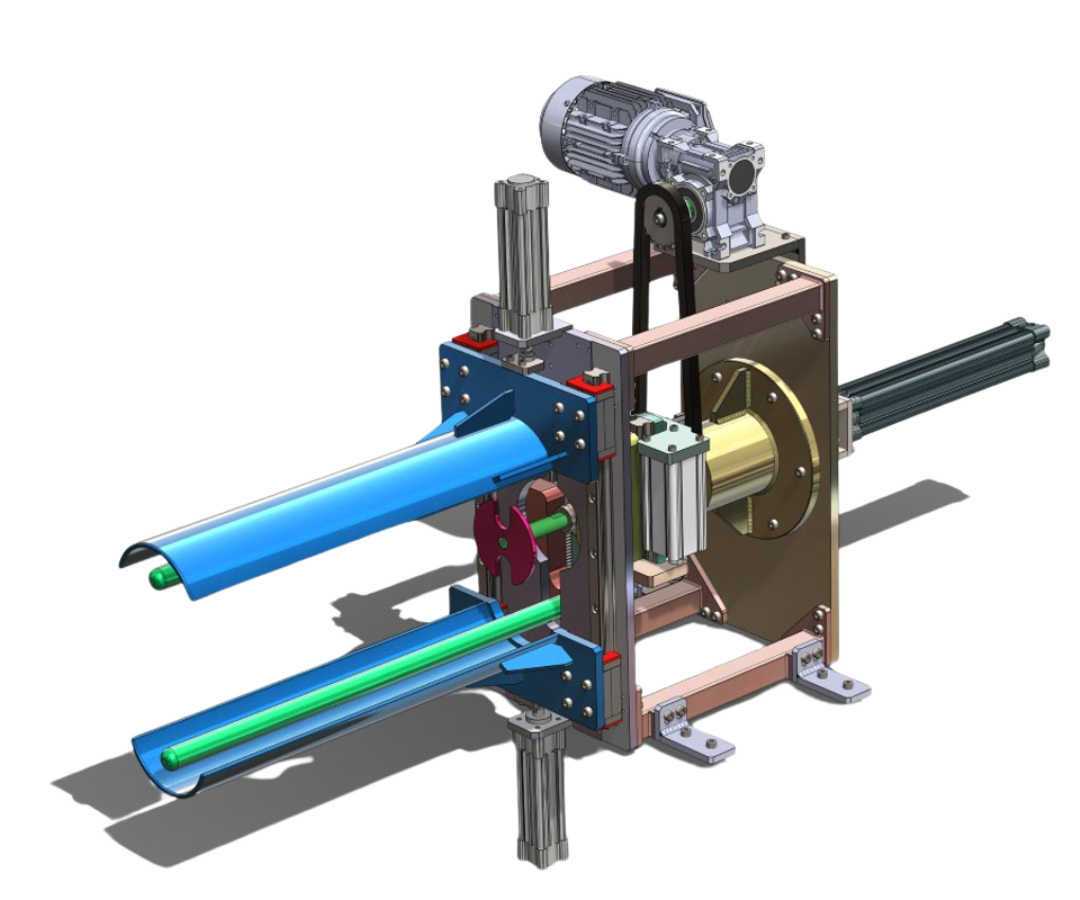 Dispositivo mecânico de enrolar travesseiros, com manifold rotativo e sistema de sincronia por cremalheira.