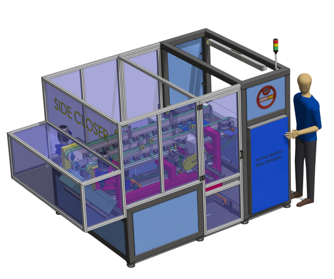Máquina completa para costura de capa de travesseiro, com sistema de regulagem para diversos formatos e proteções NR-12.