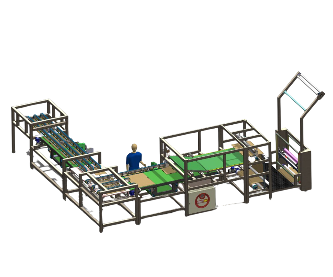 Máquina para confecção de pano de limpeza, corte, dobra e costura do tecido bobinado até o produto final empilhado.