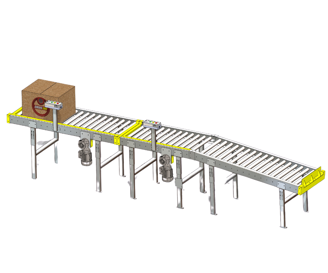 Transportador de roletes de baixo custo para fim de linha, utilizado para caixas ou produto.