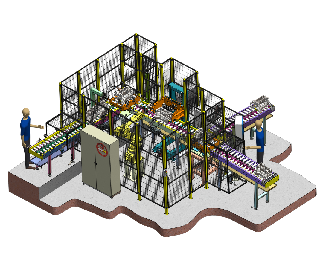 Célula de inspeção de qualidade automatizada, com braço robótico e sistema de visão.